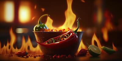 Illustration von Schüssel von Chili mit Chili Pfeffer, Flammen und Feuer ai generiert foto