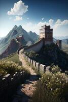 das großartig Mauer von China gegen ein Blau Himmel und Weiß Wolken ai generiert foto