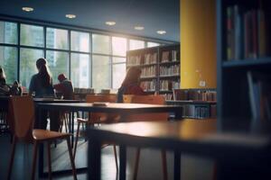 das hell Köpfe von Morgen Studenten Lernen im hoch Schule Bibliothek ai generiert foto