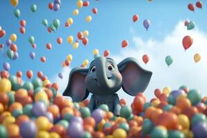 ein spielerisch Elefant mit Hunderte von bunt Luftballons ai generiert foto