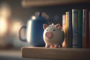 Geiz kneifen Bibliophile Schweinchen Bank unter Bücher ai generiert foto