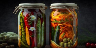 traditionell Russisch eingelegt Gemüse ein altehrwürdig Essen Erhaltung Technik ai generiert foto