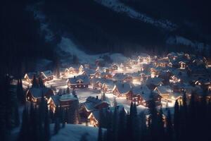 Antenne Aussicht von ein schneebedeckt Berg Resort beim Nacht mit glühend Häuser und Straßen ai generiert foto