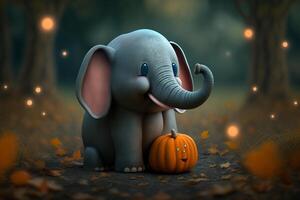 wenig Elefant mit ein süß wenig Halloween Kürbis ai generiert foto