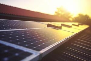 leuchtenden Solar- Leistung Solar- Panel auf Haus Dach mit Sonne Betrachtung ai generiert foto