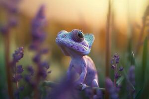 Lavendel Eidechse ein fotorealistisch Karikatur Chamäleon im ein Feld von Lavendel ai generiert foto