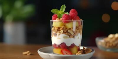 geschichtet Beere Joghurt Parfait mit Granola ai generiert foto