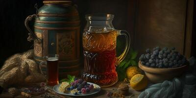 Kwas, traditionell Russisch Getränk, golden Gelb ai generiert foto