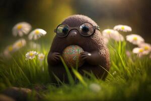 Illustration von komisch Maulwurf mit Ostern Ei auf ein Grün Wiese ai generiert Inhalt foto