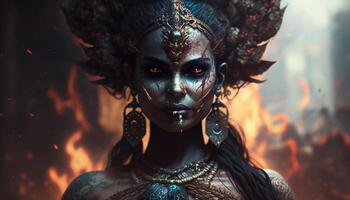 mächtig Darstellung von Kali, das Hindu Göttin von Zerstörung und Erneuerung ai generiert foto