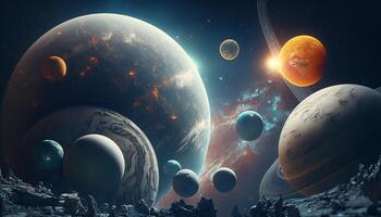 erkunden das mystisch planetarisch System von Ein weiterer Welt ai generiert foto