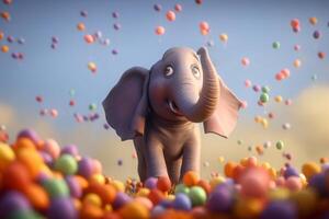 ein spielerisch Elefant mit Hunderte von bunt Luftballons ai generiert foto