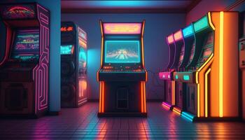 retro Spielen Spaß alte Schule Arkade Spiel im ein 80er Jahre Neon- Wunderland ai generiert foto