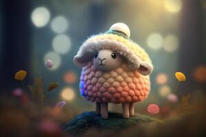 komisch und bezaubernd Wolle Schaf gekleidet wie ein Pilz im ein zauberhaft Märchen Wald ai generiert foto