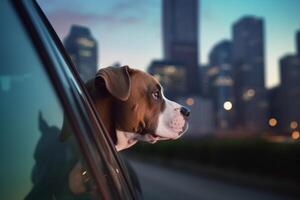 neugierig Hund nehmen im das Stadtbild von Auto Fenster ai generiert foto