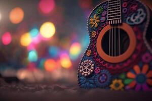 Hippie - - bunt Gitarre - - ausdrucksvoll Musik- Instrument zum kreativ Seelen ai generiert foto