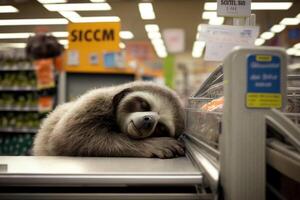 erschöpft Faultier Arbeiten im das Supermarkt wie ein Kassierer und fiel schlafend ai generiert foto