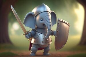 das mutig wenig Elefant im Ritter Rüstung mit Helm und Schwert ai generiert foto
