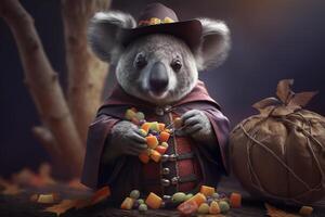 Koala isst Süßigkeiten zum Halloween im Verkleidung ai generiert Inhalt foto