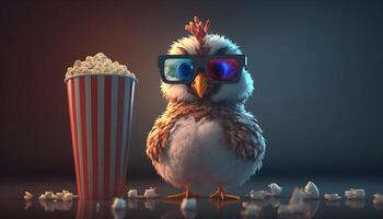 aufgeregt Hähnchen mit 3d Brille und Popcorn bereit zum ein Film Nacht ai generiert foto
