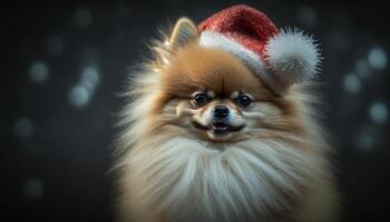 festlich pommerschen Welpe anziehen ein rot und Weiß Santa Hut ai generiert foto