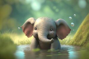 Spliss, Spritzen bezaubernd wenig Elefant nimmt ein tauchen im ein Teich ai generiert foto