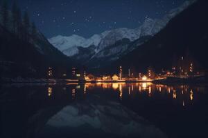 Reflexionen von das Nacht Himmel ein Aussicht von ein Berg See und beleuchtet Dorf ai generiert foto