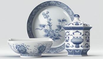 exquisit Chinesisch Porzellan auf Weiß Hintergrund mit kompliziert Einzelheiten ai generiert foto