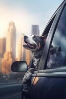 neugierig Hund nehmen im das Stadtbild von Auto Fenster ai generiert foto