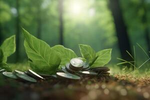 Grün Sämling mit Münzen auf das Boden, Ökofinanzierung und nachhaltig Entwicklung Konzept ai generiert foto