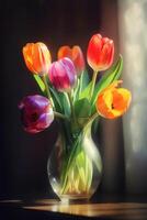 Vase von Tulpen ein Aquarell immer noch Leben Gemälde ai generiert foto