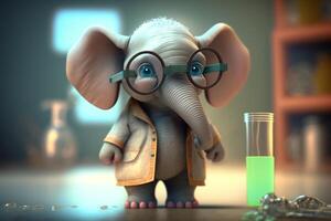 das komisch wenig Elefant Wissenschaftler im ein Labor Mantel experimentieren mit Prüfung Röhren ai generiert foto