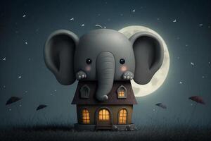 wenig Elefanten spät Nacht Halloween Abenteuer im das Spielzeug verfolgt Haus mit voll Mond ai generiert foto