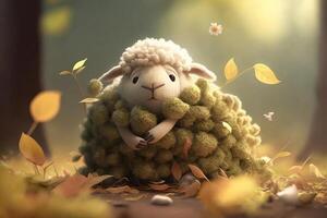 heiter Schaf unter Herbst Blätter im ein sonnig Wald ai generiert foto