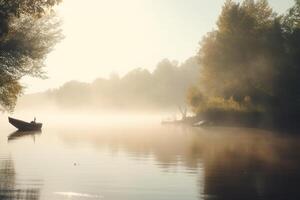 heiter Einsamkeit ein einsam Ruderboot auf ein neblig Morgen See ai generiert foto