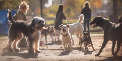 ein Pack von spielerisch Hunde im ein städtisch Hund Park ai generiert foto