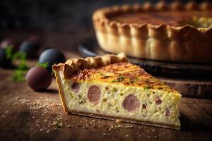 Bohnenkraut und klassisch Quiche Lorraine mit Schinken, Eier, und Gruyère Käse auf ein knusprig Kruste ai generiert foto