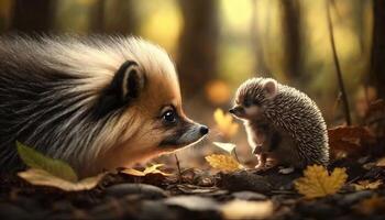 bezaubernd pommerschen Hund und ein wenig Igel schnüffeln jeder andere im Herbst ai generiert foto