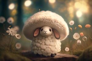 komisch und bezaubernd Wolle Schaf gekleidet wie ein Pilz im ein zauberhaft Märchen Wald ai generiert foto