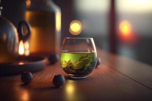 heiter Ambiente mit ein Glas von Grün Tee ai generiert foto