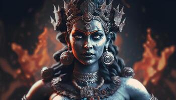 mächtig Darstellung von Kali, das Hindu Göttin von Zerstörung und Erneuerung ai generiert foto