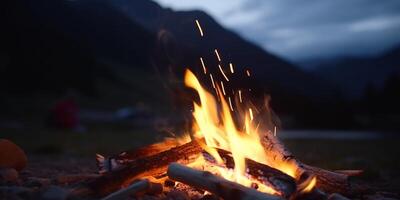 gemütlich Lagerfeuer im das Herz von das Berg Wildnis ai generiert foto