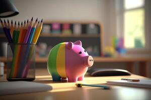 Speichern zum Bildung Schweinchen Bank mit Schule liefert im das Hintergrund ai generiert foto