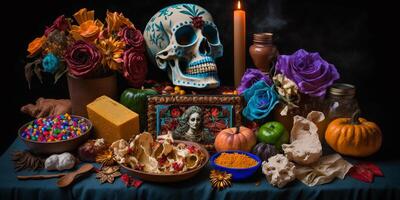 beschwingt bunt immer noch Leben von dekoriert Schädel mit Kürbisse, Kerzen und traditionell Mexikaner Dekor feiern Tag von das tot - - dia de Muertos ai generiert foto