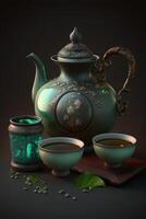 elegant Chinesisch Jade Tee einstellen mit traditionell Design und zart Handwerkskunst ai generiert foto