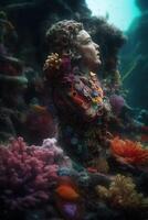korallenverkrustet uralt Skulptur Kopf im unter Wasser Rahmen ai generiert foto