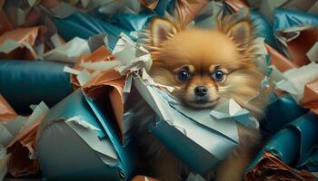 süß pommerschen Hund umgeben durch zerknittert Geschenk Verpackung Papier ai generiert foto