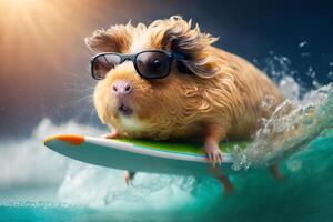 cool Guinea Schwein ist Surfen auf ein Surfbrett tragen Sonnenbrille im das Meer ai generiert foto