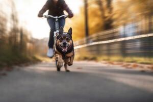 Eckzahn Spritztour Hund Laufen neben Inhaber auf Fahrrad Pfad im Stadt ai generiert foto