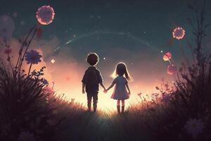 Illustration von ein wenig Junge und Mädchen im ein Fantasie Welt halten Hände von hinter ai generiert ai generiert foto